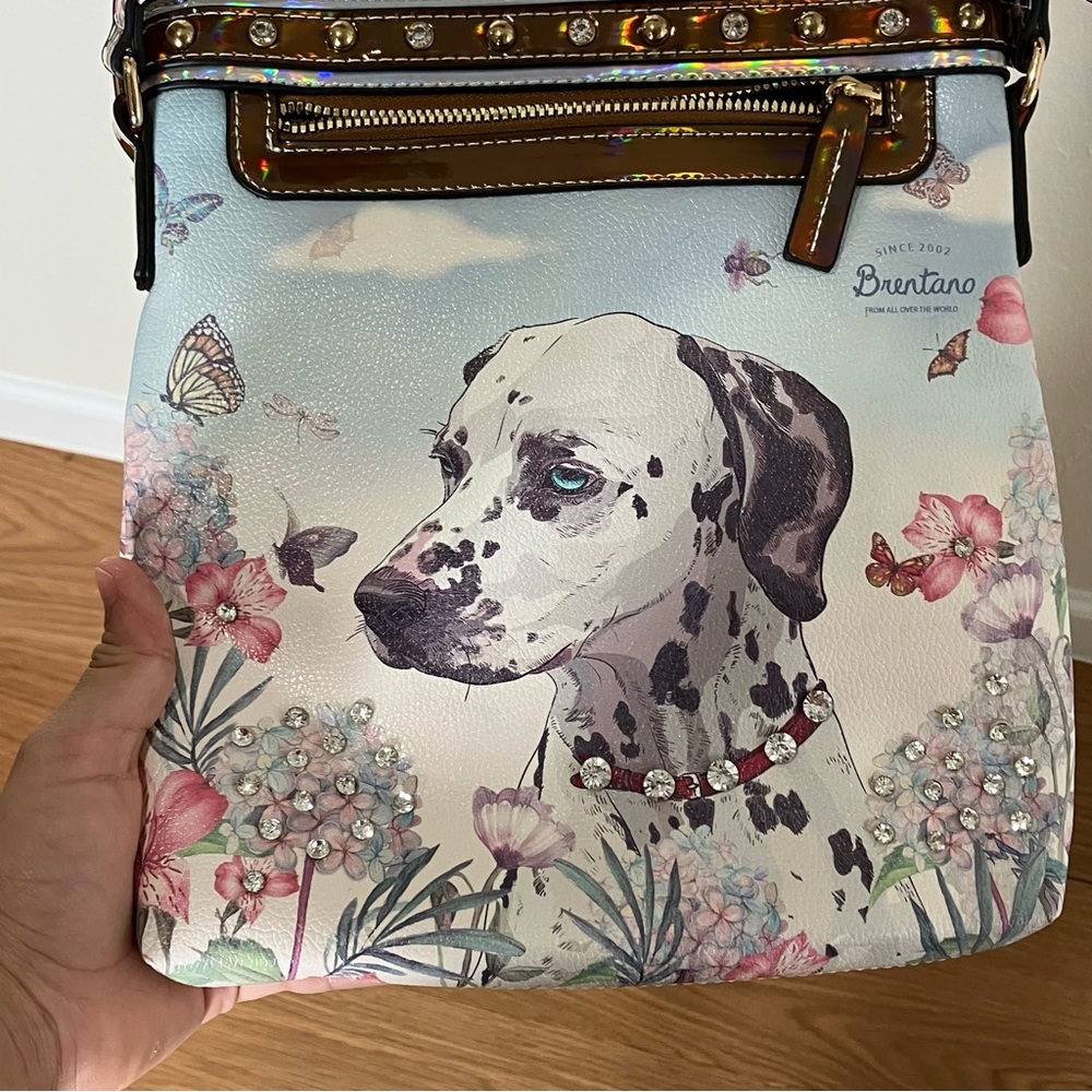 Brentano Colorful Purse All Over Floral Print with Puppy, Rhinestones and Studs